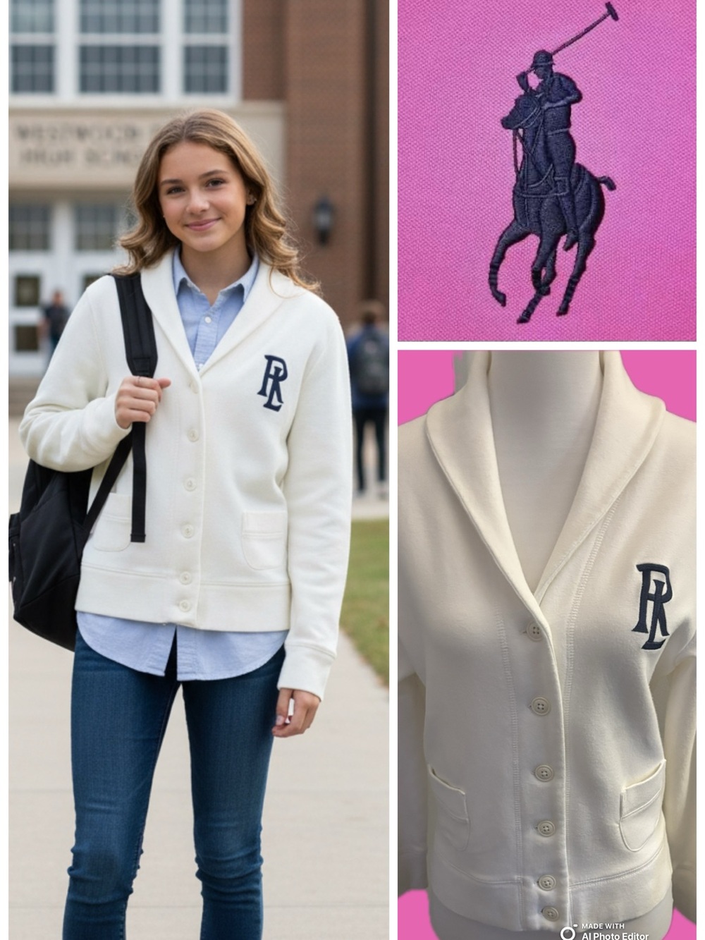 Polo by Ralph Lauren Cream Shawl-Collar Cardigan with Navy Logo